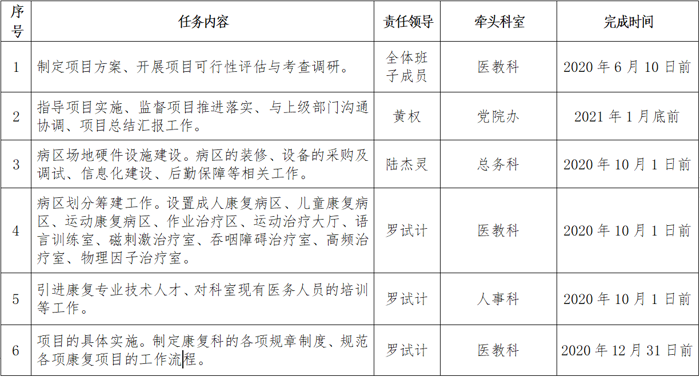 百色市中医医院院领导班子建设巩固提升年决战决胜项目 暨康复医学科建设方案推进清单